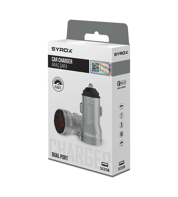 SYROX SC20B 3.1A ARAÇ ŞARJI ÇİFT USB GİRİŞİ